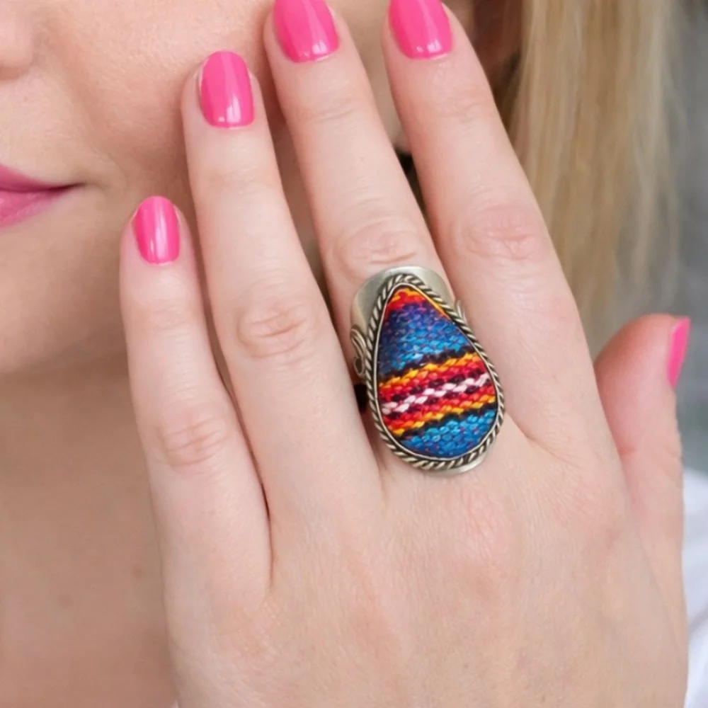 Vintage Handmade Peruvian Manta Colored Wool Ring Size 8